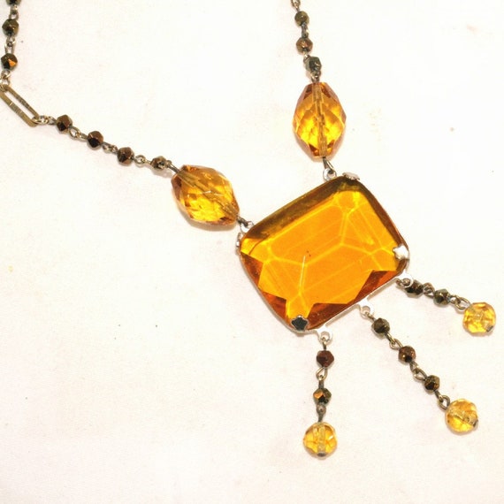 Antique Art Deco Czech Lavaliere Gold Glass & Copp
