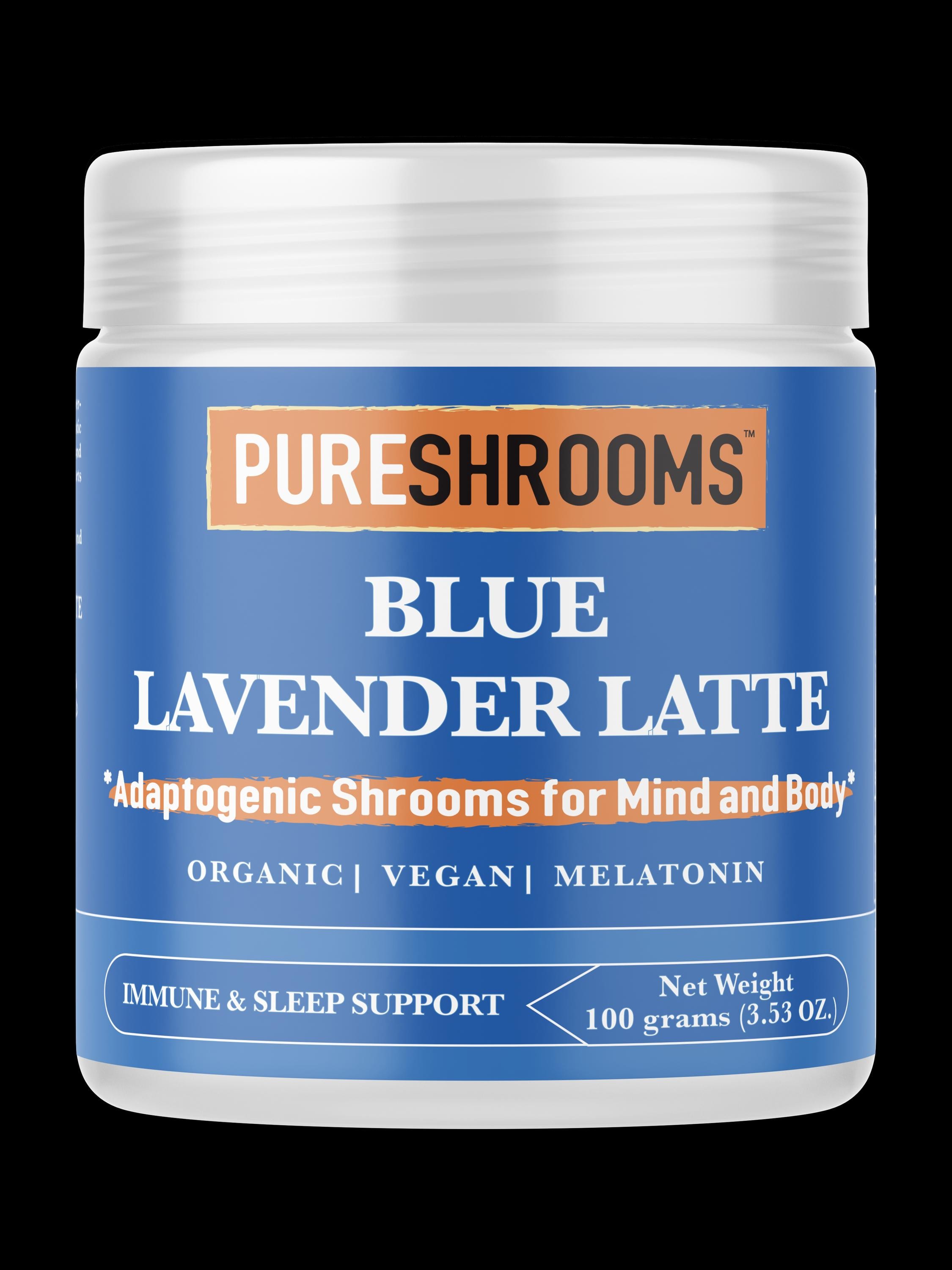 PureShrooms Blue Lavender Latte Mix mit Melatonin, Kokosmilch und Löwenmähne. Nächtliche Routine
