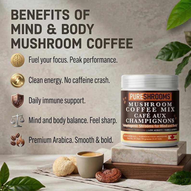 May include: A jar of PURESHROOMS Mushroom Coffee Mix, with text in English and French, sits on a stone block. The image highlights the benefits: focus, energy, immune support, and balance. A cup of coffee and mushrooms are in the foreground.