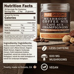 May include: A jar of PURESHROOMS Mushroom Coffee Mix. The label includes the text "Adaptogenic Shrooms for Mind and Body", "Less Caffeine", and "600 MG Mushrooms". The jar contains 70 grams (2.47 oz) of product and is vegan.
