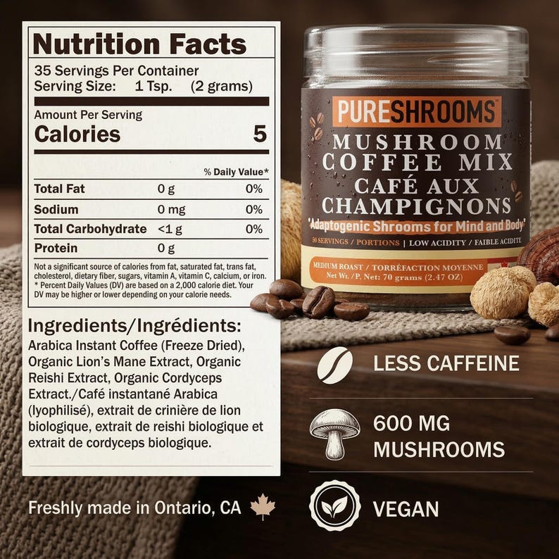 May include: A jar of PURESHROOMS Mushroom Coffee Mix. The label includes the text "Adaptogenic Shrooms for Mind and Body", "Less Caffeine", and "600 MG Mushrooms". The jar contains 70 grams (2.47 oz) of product and is vegan.