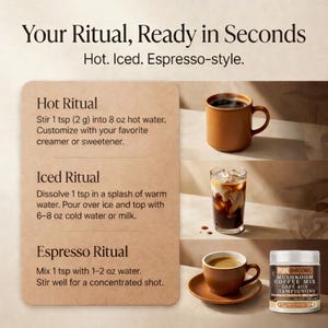 May include: Image of a coffee preparation guide with text "Your Ritual, Ready in Seconds." Includes instructions for hot, iced, and espresso-style coffee. Features a brown mug, a glass of iced coffee, and a small cup with a saucer. A jar of mushroom coffee mix is also visible.