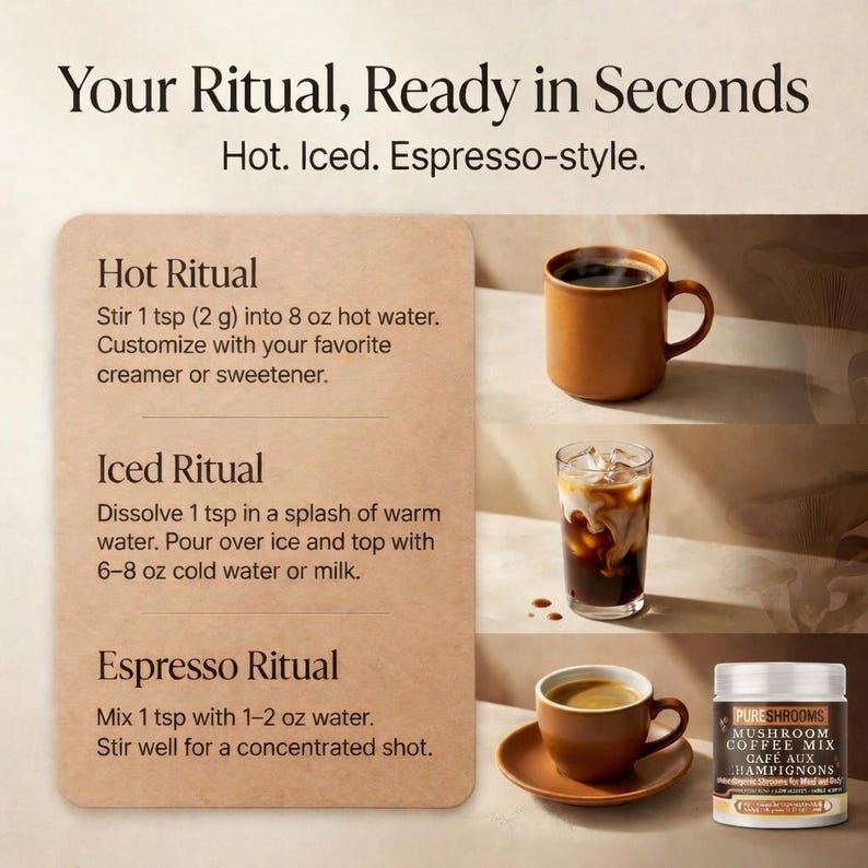 May include: Image of a coffee preparation guide with text "Your Ritual, Ready in Seconds." Includes instructions for hot, iced, and espresso-style coffee. Features a brown mug, a glass of iced coffee, and a small cup with a saucer. A jar of mushroom coffee mix is also visible.