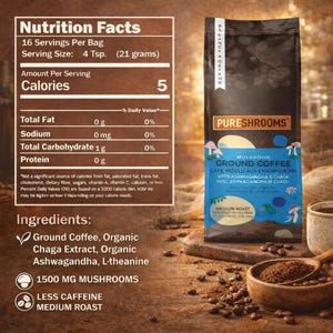 May include: A bag of PURESHROOMS mushroom ground coffee with ashwagandha and chaga. The bag is dark with blue and white accents, and the text "Medium Roast" is visible. A wooden spoon and small bowl of coffee grounds are in the foreground.