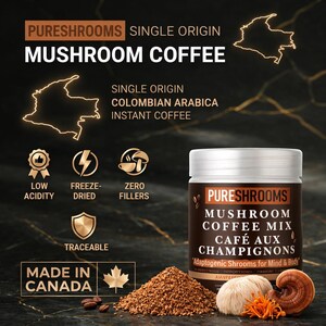 May include: A product image featuring a jar of PURESHROOMS Mushroom Coffee Mix. The label includes text in English and French. The image also shows coffee grounds, mushrooms, and the text "Made in Canada."