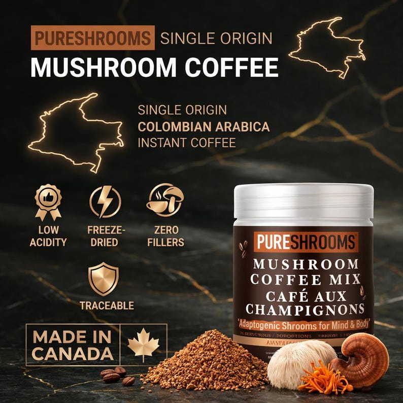 May include: A product image featuring a jar of PURESHROOMS Mushroom Coffee Mix. The label includes text in English and French. The image also shows coffee grounds, mushrooms, and the text "Made in Canada."