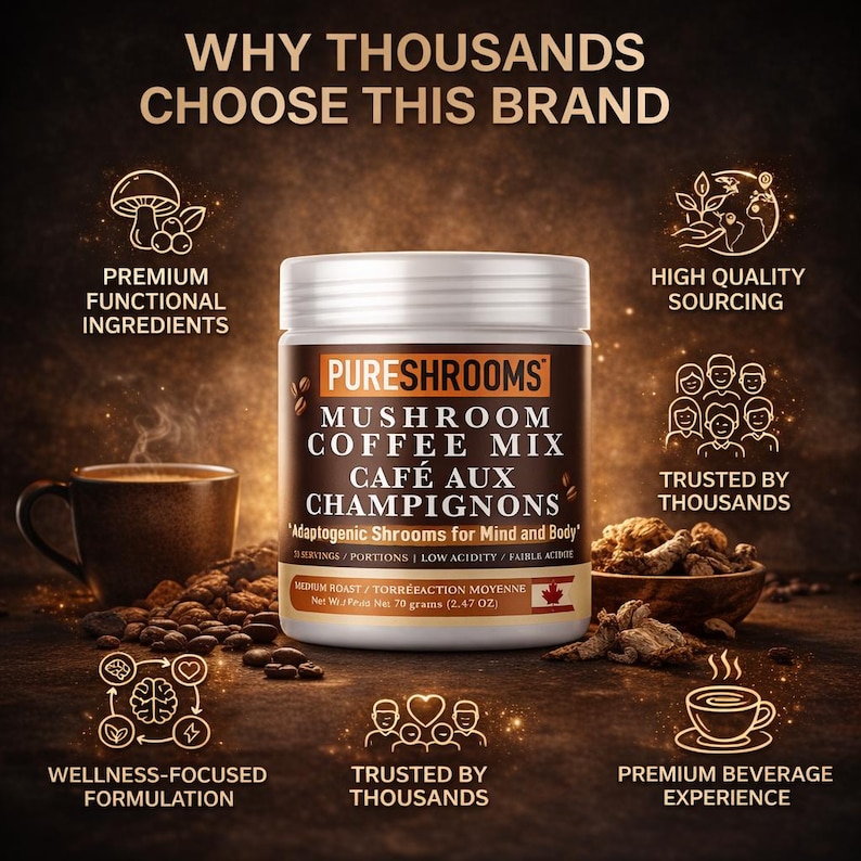 May include: A jar of PURESHROOMS mushroom coffee mix, with the text "Mushroom Coffee Mix Caf&eacute; Aux Champignons". The jar is surrounded by coffee beans, a cup of coffee, and illustrations of mushrooms and people.