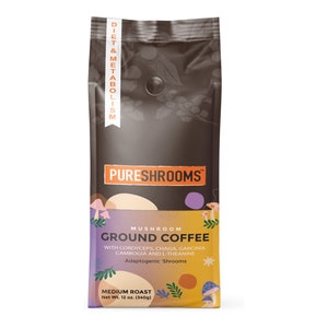 PureShroomsのエナジャイズマッシュルーム挽きコーヒーには、L-テアニン、チャガ、冬虫夏草、ガルシニアカンボジアが配合されています。スリム＆スリミングコーヒー。