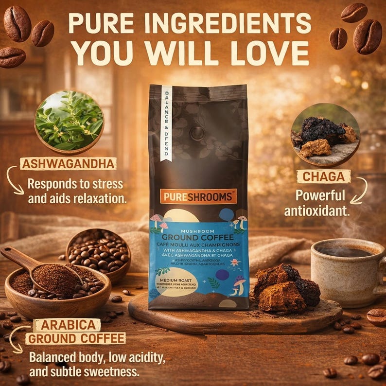 May include: A bag of PURESHROOMS mushroom ground coffee with text that reads "Pure Ingredients You Will Love". The bag is next to a cup of coffee, coffee beans, and ingredients like Ashwagandha and Chaga.