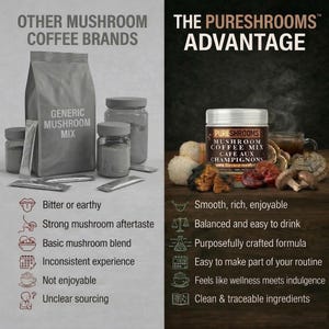 May include: An advertisement for mushroom coffee. On the left, a gray bag and jars labeled "Generic Mushroom Mix." On the right, a jar of "PureShrooms Mushroom Coffee Mix" with mushrooms and a cup of coffee. Text highlights the advantages.