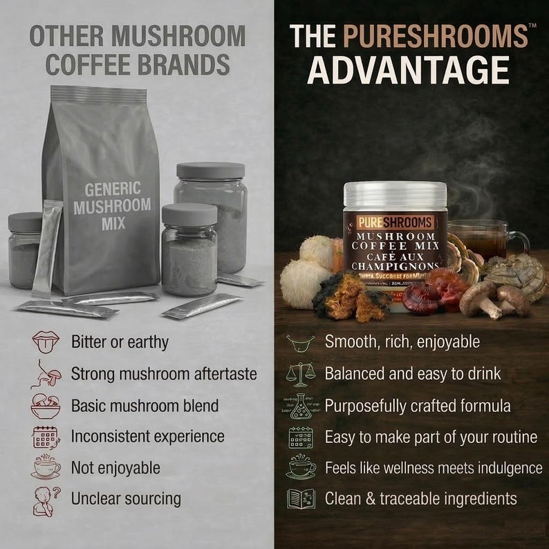 May include: An advertisement for mushroom coffee. On the left, a gray bag and jars labeled "Generic Mushroom Mix." On the right, a jar of "PureShrooms Mushroom Coffee Mix" with mushrooms and a cup of coffee. Text highlights the advantages.