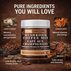 May include: A jar of PURESHROOMS Mushroom Coffee Mix, with the text "Pure Ingredients You Will Love." The jar is surrounded by images of Lion's Mane, Cordyceps, Reishi, and Arabica instant coffee. The jar contains 70 grams (2.47 oz).