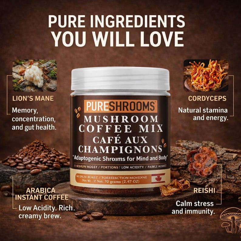 May include: A jar of PURESHROOMS Mushroom Coffee Mix, with the text "Pure Ingredients You Will Love." The jar is surrounded by images of Lion's Mane, Cordyceps, Reishi, and Arabica instant coffee. The jar contains 70 grams (2.47 oz).