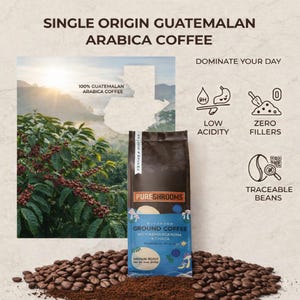 May include: A bag of "PureShrooms" mushroom ground coffee with ashwagandha and chaga, medium roast. The bag is surrounded by coffee beans and the text "Single Origin Guatemalan Arabica Coffee" is at the top. The image also includes the text "Dominate Your Day".