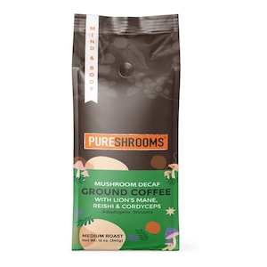 PureShrooms Swiss Water Decaf Mushroom Ground Coffee with Lion&#39;s Mane, Reishi and Cordyceps