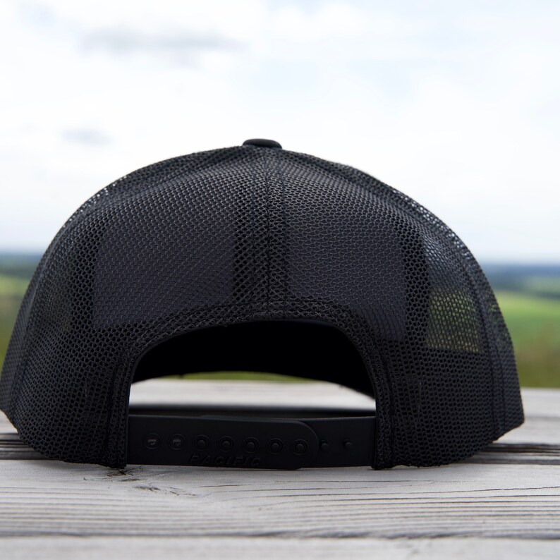 Puede incluir: Gorra de b&eacute;isbol negra con parte trasera de malla y cierre ajustable a presi&oacute;n. La gorra est&aacute; sobre una superficie de madera. El nombre de la marca "PACIFIC" es visible en la correa ajustable.
