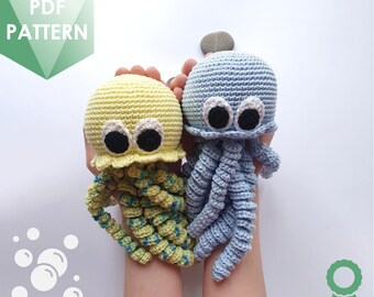 May include: Two crocheted octopus plushies, one yellow with green tentacles and one blue with blue tentacles. Both have black eyes and white pupils.