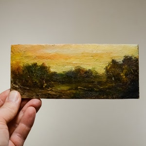 Collectable miniature painting with landscape. Dawn over the river in the forest. Small Oil Painting on woodpanel of natural pine.