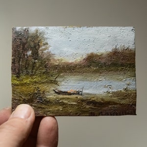 Small oil painting original Miniature oil painting Mini landscape Wood slice art Small Oil Painting on a wooden board. Ukrainian art.