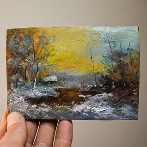 Collectable miniature oil painting winter landscape oil painting Sunset in the snowy forest. Small Oil Painting on a wooden board