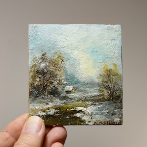 Small oil painting original Miniature oil painting Mini landscape Wood slice art Small Oil Painting on a wooden board. Ukrainian art.