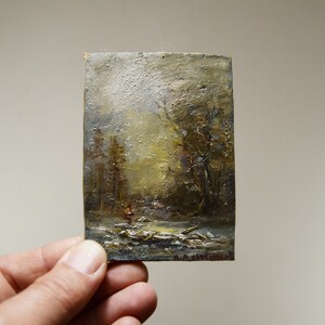 Original Small Oil Painting on a wooden board. Miniature painting Mini landscape Wood slice art  Ukrainian art.