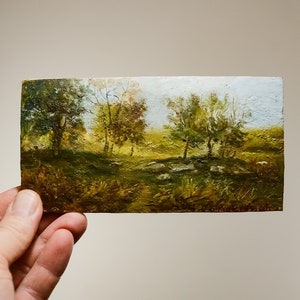 Miniature oil painting with landscape. Painting Forest path.  Small Oil Painting on a wooden board