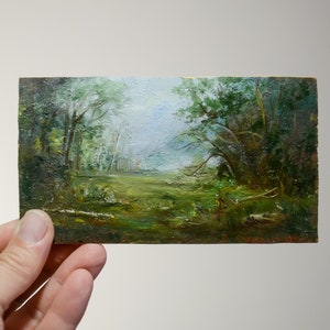 Collectable miniature painting with summer landscape. green painting. forest art . Small Oil Painting on a wooden board of natural pine.