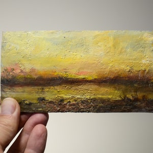 Collectable miniature painting with autumn landscape. Small Oil Painting on a oak board, beautiful sunrise over the river
