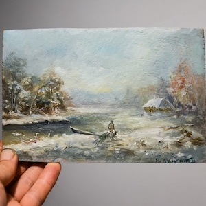 3D Painting with winter landscape, snowy forest house, boat on the river bank. Christmas tree. Oil Painting on a wooden board