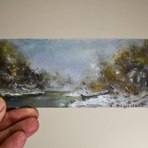 Collectable miniature painting with winter landscape. River in a snowy forest Small Oil Painting on a wooden board of natural pine.