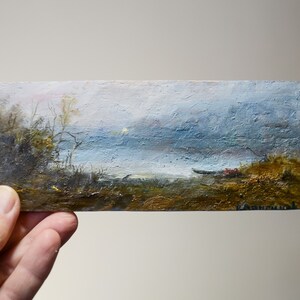Collectable miniature painting with night landscape. full moon boat on the river bank Small Oil Painting on a pine board panorama nature