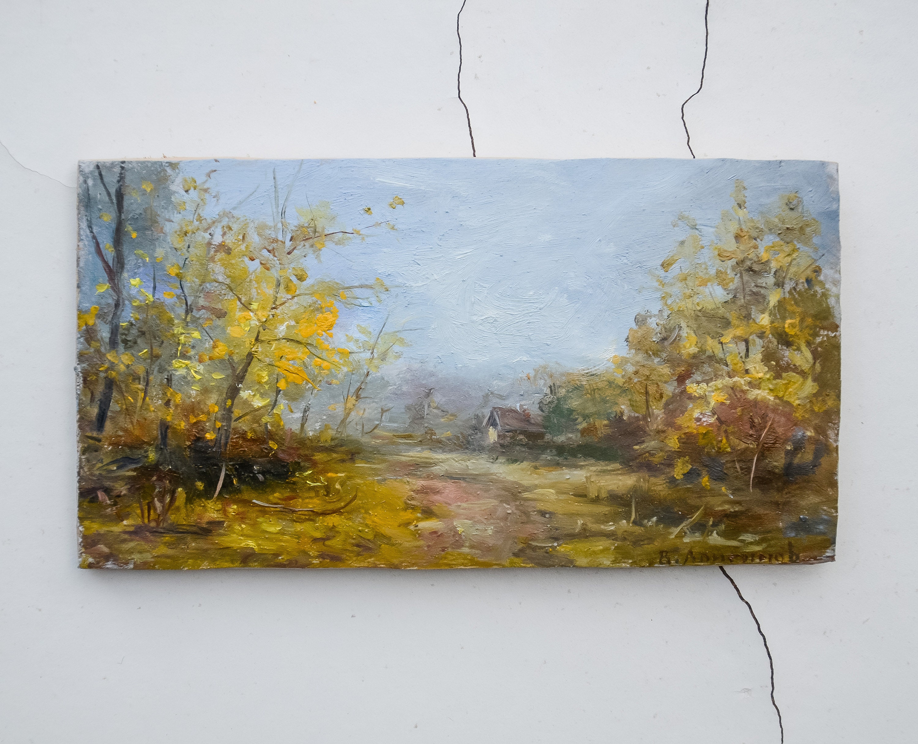 Small Oil Painting original on a wooden board forest autum trees oil painting landscape Collectable miniature painting with landscape