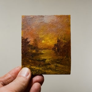 Camping outdoors painting Small Oil Painting autumn blaze a miniature oil painting on a tree, painted on a board of natural white oak.