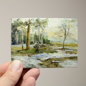 Collectable miniature painting with landscape. hunter in the forest.  Small Oil Painting on a wooden board of natural pine.