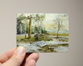Sammlerstück Miniaturmalerei mit Landschaft. Jäger im Wald. Kleines Ölgemälde auf einer Holzplatte aus naturbelassenem Kiefernholz.