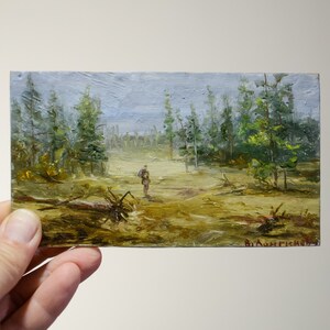 Collectable miniature painting with forest landscape. landscape painting countryside Small Oil Painting on a oak board