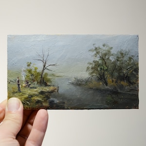 Ukrainian art. Small oil painting original Miniature oil painting Mini landscape Wood slice art Small Oil Painting on a wooden board