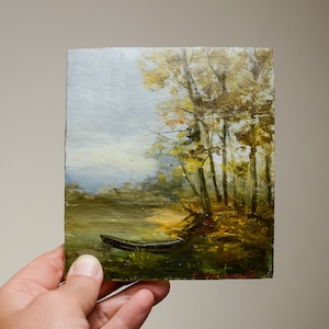 Landscape painting Original oil painting on a wooden board Wood slice art Small Oil Painting Original Artwork Room wall decor Ukrainian art