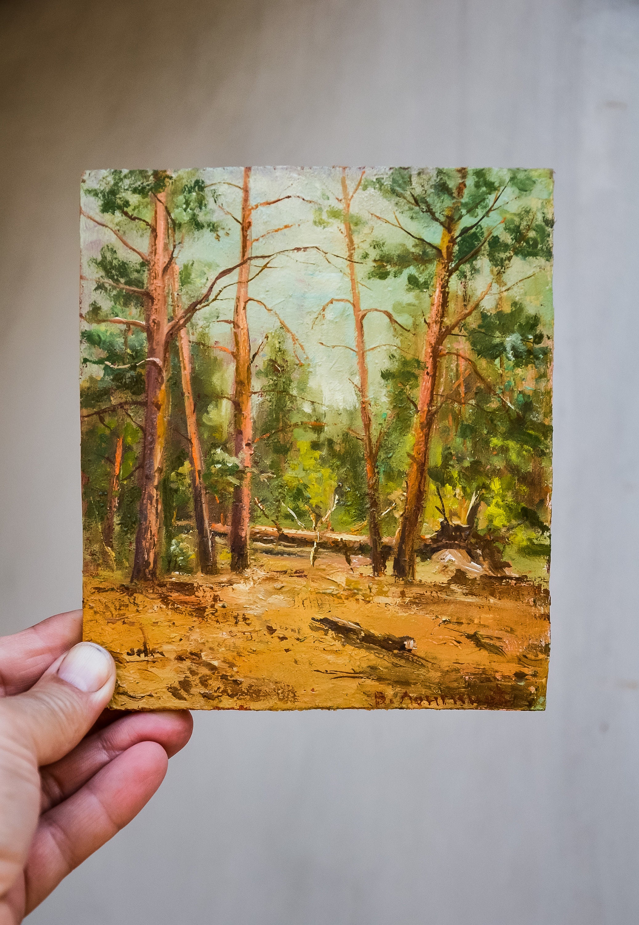 Coniferous forest Small Oil Painting on a wooden board Collectable miniature painting with landscape