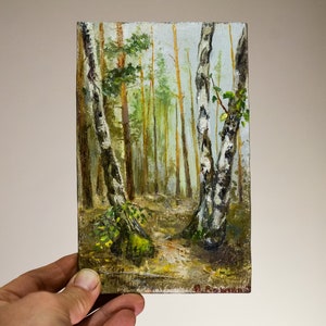 Collectable painting with spring landscape. path in the birch forest, birch grove. Small Oil Painting on a pine board. Modern Home Décor