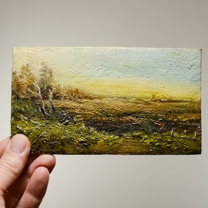 Collectable miniature painting with landscape. Camping outdoors painting. Small Oil Painting on a wooden board of natural mulberry.