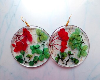 Red and Green Flower Earrings 6 cm Gold