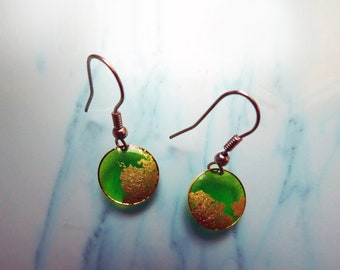 Minimalist Art Jewelry, Clear Handmade Green-Gold Earrings for Her