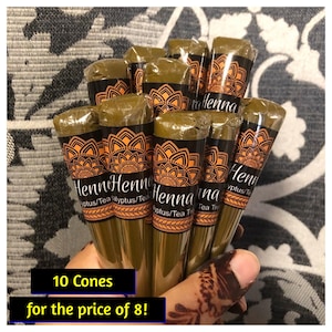 Set of 10 Cones for price of 8 Organic Henna Lavender, Eucalyptus, Tea Tree Essential Oils - Bridal Quality - Fine Tip-Handmade Fresh Mehndi