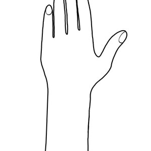 May include: Line drawing of a hand with five fingers, with the palm facing forward and the fingers extended. The hand is drawn in a simple, minimalist style.
