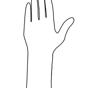 May include: A line drawing of a hand with all five fingers extended, palm facing forward. The hand is connected to an arm, which is also drawn in a simple line style.