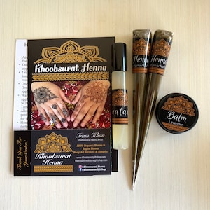 Henna Kit | 2 Cones, Aftercare Balm, Sealant, Designs & Instructions |Organic Prefilled Cones Eucalyptus/Tea Tree or Lavender Essential Oil