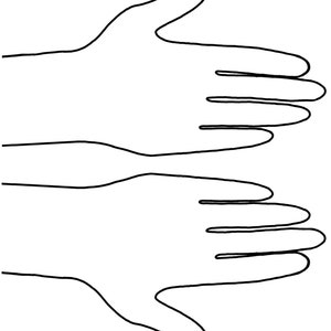 May include: A black and white line drawing of two hands with the palms facing up. The hands are drawn in a simple style, with no details such as fingers or nails.