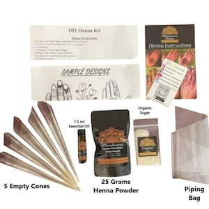Kit de base au henné biologique - Kit de démarrage - Donne jusqu&#39;à 5 cornets, 5 fois tamisé en poudre de henné - mélange d&#39;eucalyptus et d&#39;huile essentielle d&#39;arbre à thé
